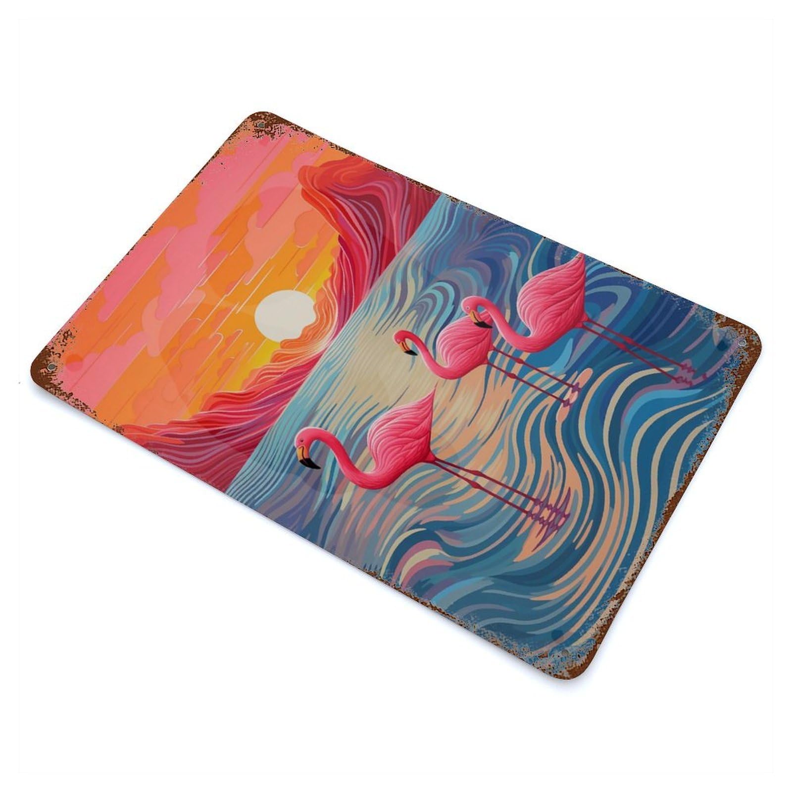 Flamingos And Sunset Weathered Tin Sign 11.8"x7.9", Novelty Wall Decor for Garage, Pub Or Kitchen