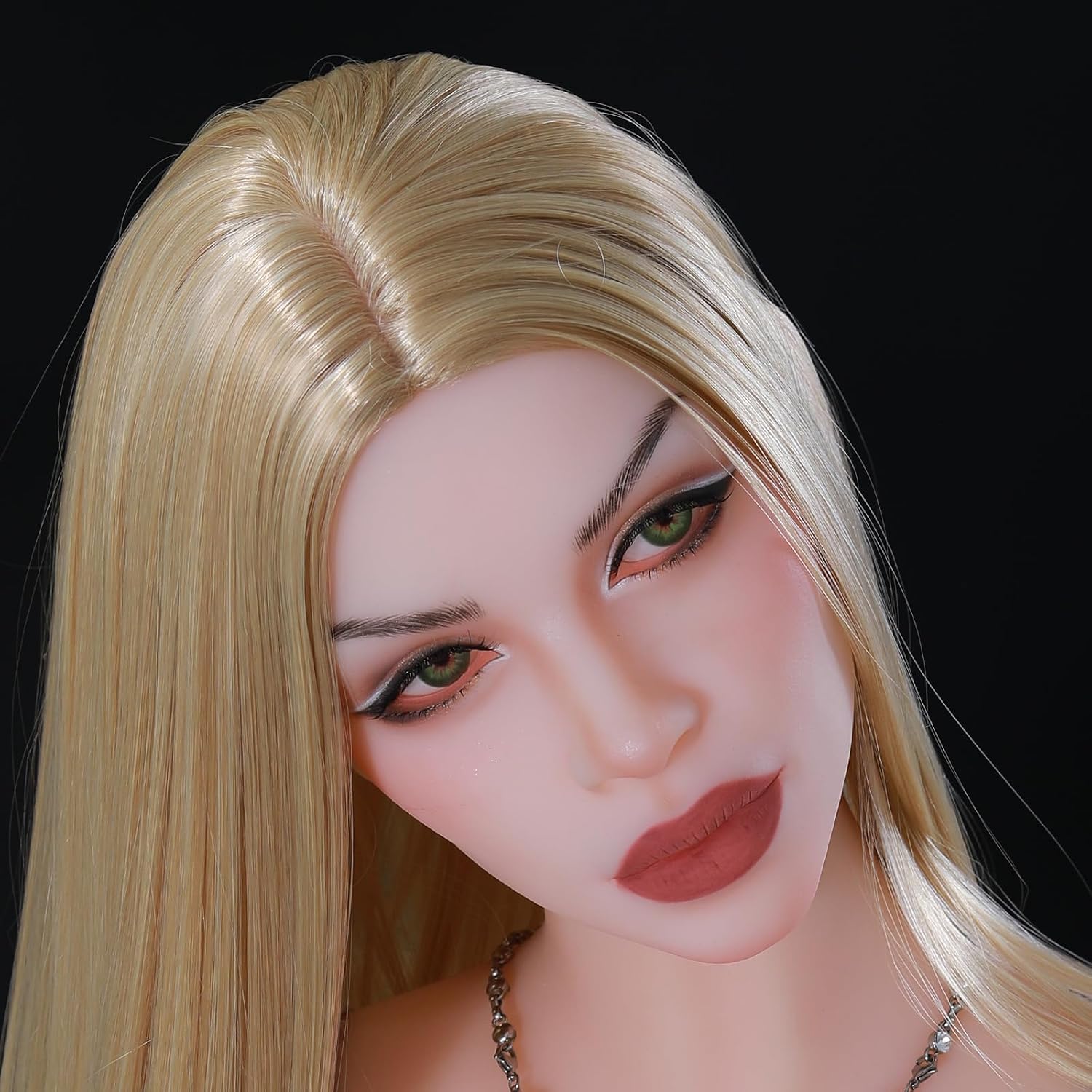 Makeup Life-Size Doll Head with Wig, Life-Size Soft Doll Part Doll Connection Accessories with Green Eyeball, Snap or M16 Studs Fixed (White Color)