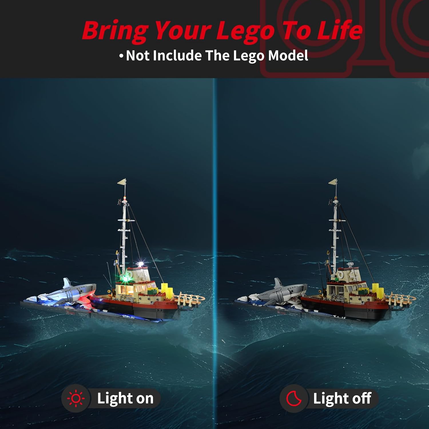 Side-by-side comparison of the LEGO Jaws set with the BRIKSMAX light kit turned on and turned off.