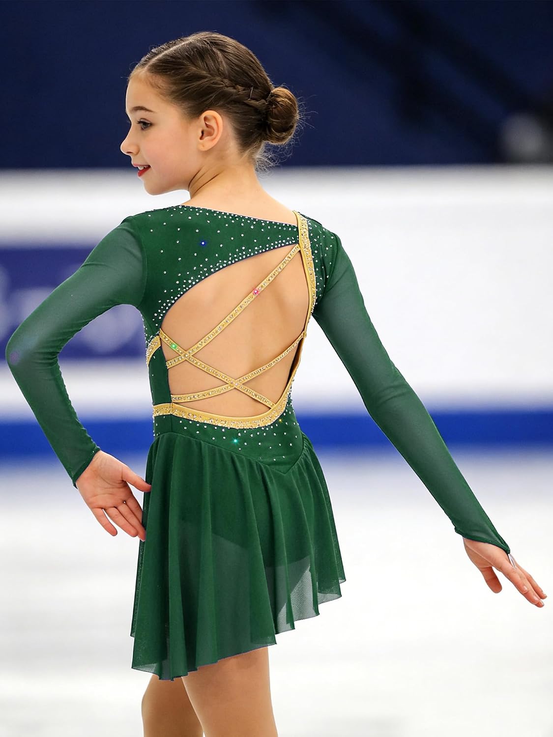 Shinsto Figure Skating Dress for Girls Long Sleeves Asymmetrical Skirt