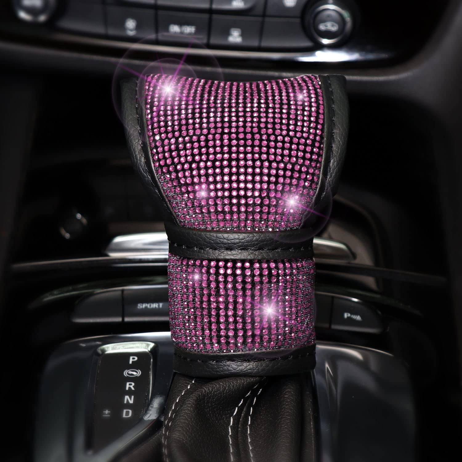 ToBeQueen 7 Pack Bling Car Accessories Set for Women Girl, Diamond Steering Wheel Cover Set 15 inch,Seat Belt Cushion,Gear Shift Cover, Pink Bling Ring,Car Coasters,Pink