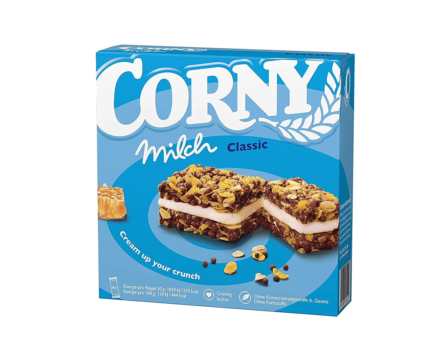 SCHWARTAUER WERKE GmbH & KGaA Corny Milch Classic Milk Sandwich Cereal Bar | Milk Cream Combined With Valuable Cereals | Refined With Bee Honey | 4 x 30 g Bars | 1 x 120 g Package | Corny | Germany