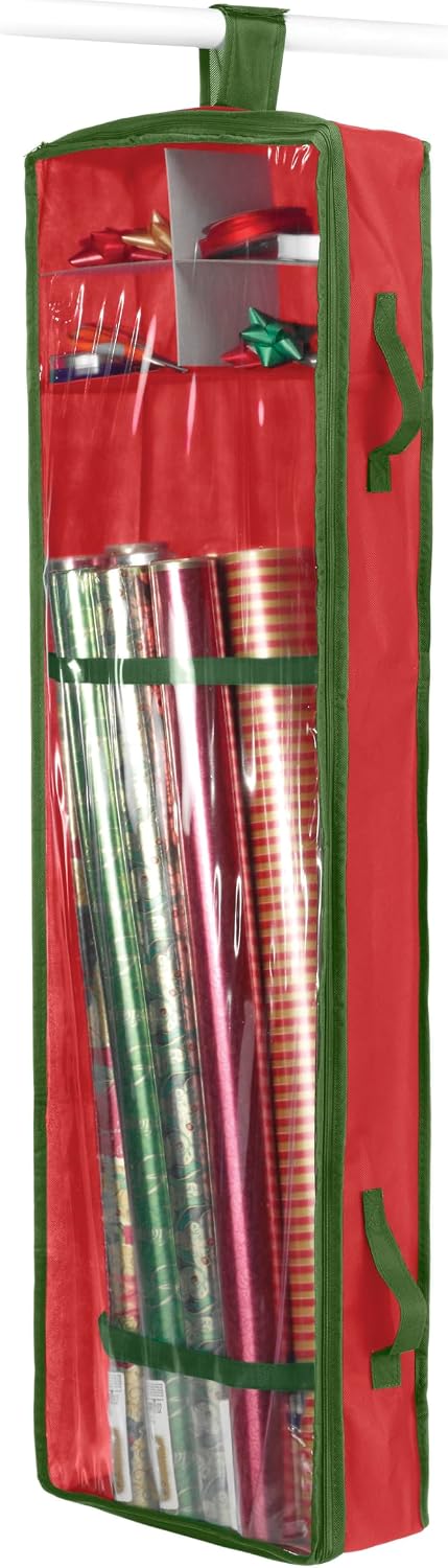 Whitmor Christmas & Holiday Gift Wrap Organizer - Holds 30 inch rolls - Stripe, Red
