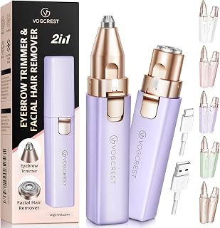 VGVOGCREST 2-in-1 Rechargeable Facial Hair Remover for Women - Painless Eyebrow Chin Cheek Trimmer with LED Light Purple