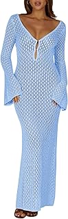 Womens Crochet Maxi Cover Up Dress Beach Swim Vacation Coverups Long Sleeve Sexy Bodycon Summer Knit Dresses - Buy now