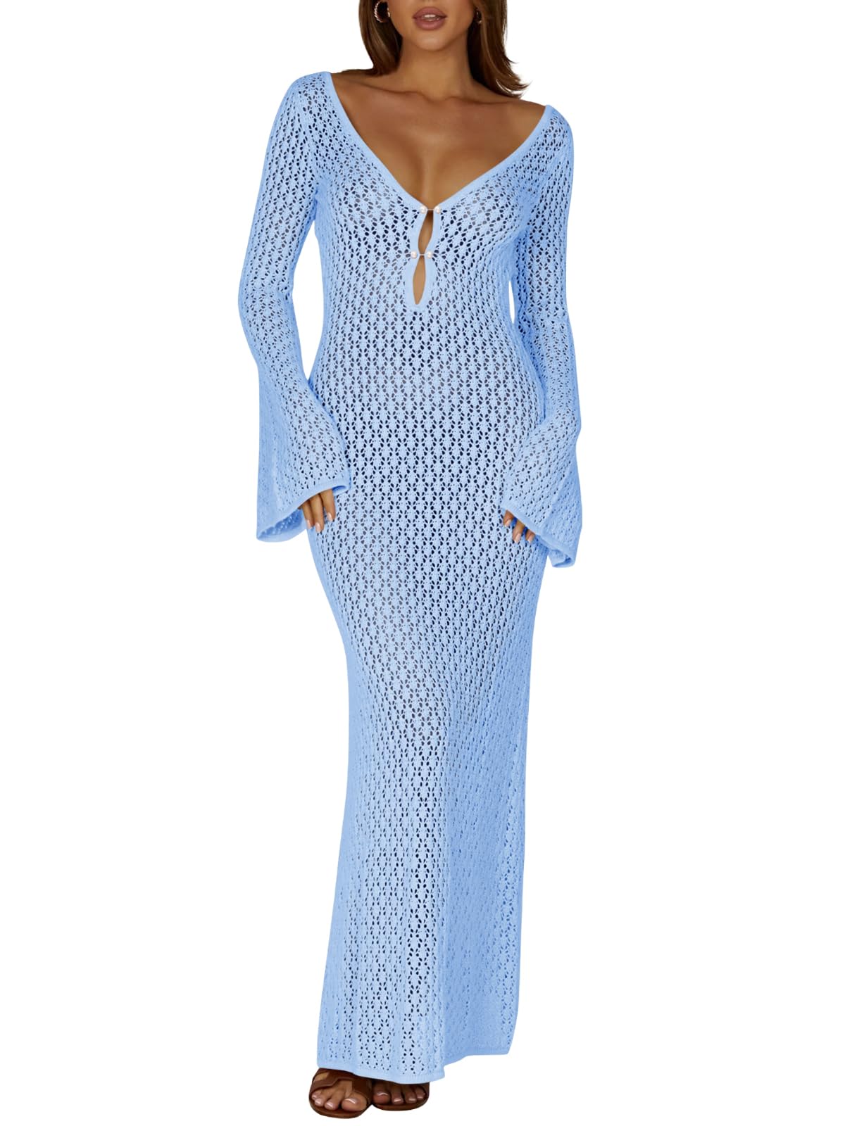 Saodimallsu Womens Crochet Maxi Cover Up Dress Beach Swim Vacation Coverups Long Sleeve Sexy Bodycon Summer Knit Dresses