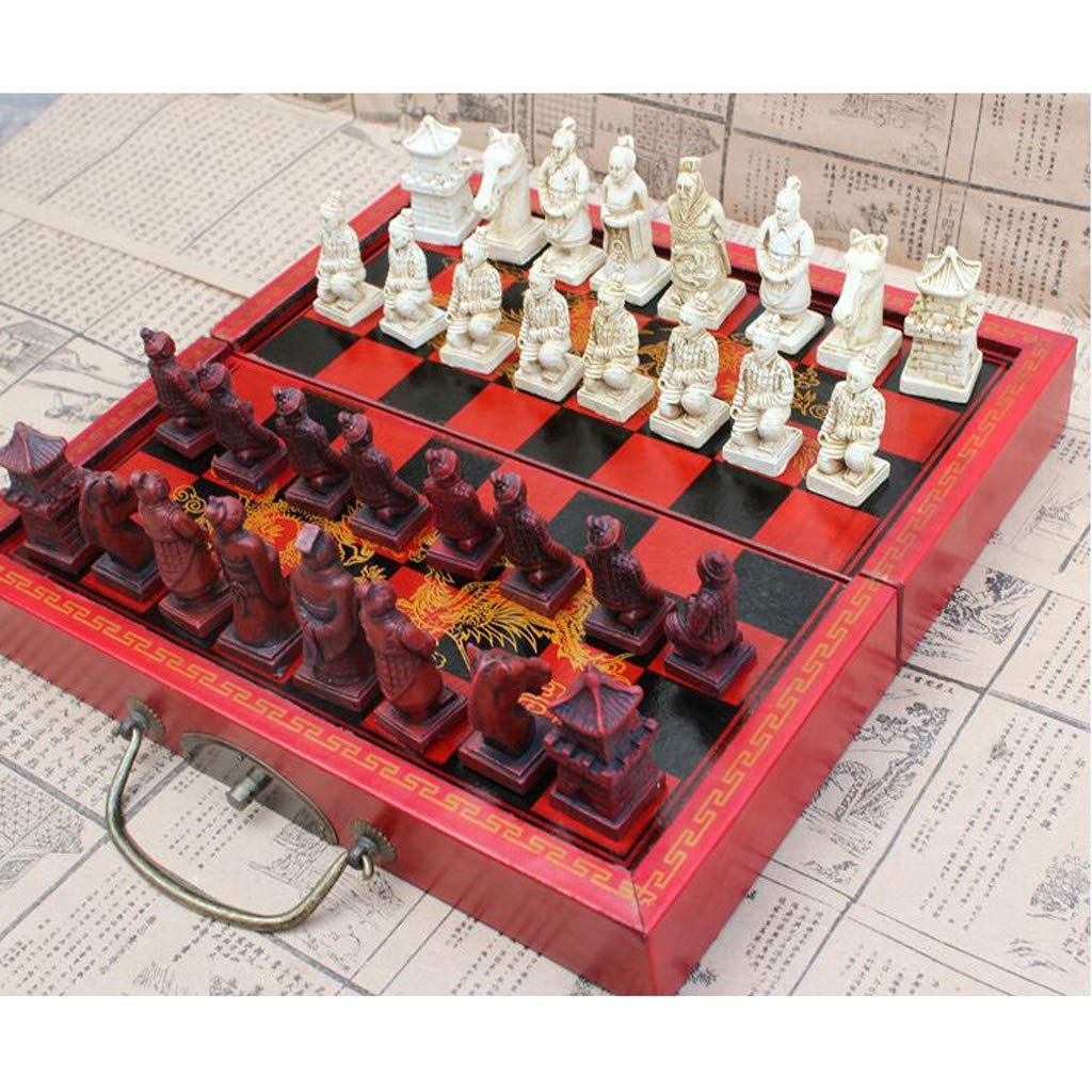 MYBA Scacchiera Scacchi Pieghevole di Legno Scacchi Cinesi Retro Guerrieri di Terracotta di Scacchi di Legno Fa Il Vecchio Intaglio Chessman di Compleanno Regalo di Natale in Resina Regalo