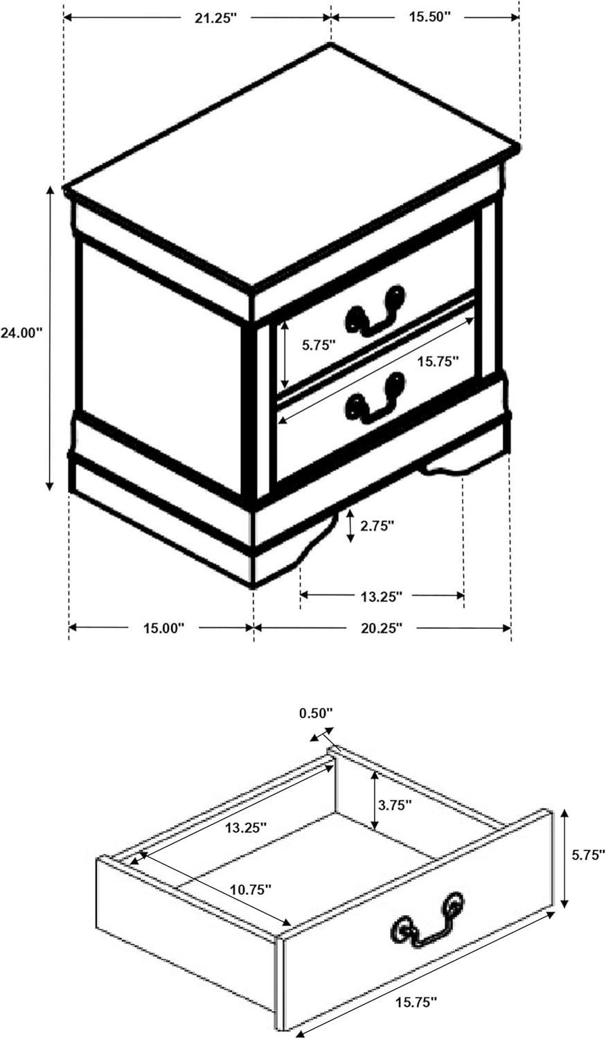 Diagram showing the dimensions of the Coaster Home Furnishings Louis Philippe 2-Drawer Nightstand, including overall height, width, depth, and drawer dimensions.