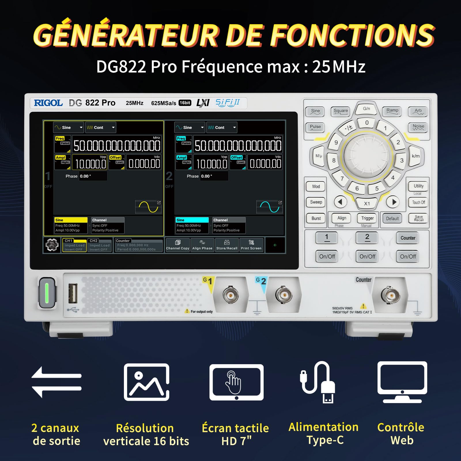 RIGOL Générateurs de Fonctions,DG822 Pro Générateur de Signaux,25 MHz,2 Canal,16 bits,écran tactile HD 7 pouces,Ultra-portable,Idéal pour les tests sur site et l’enseignement en laboratoire