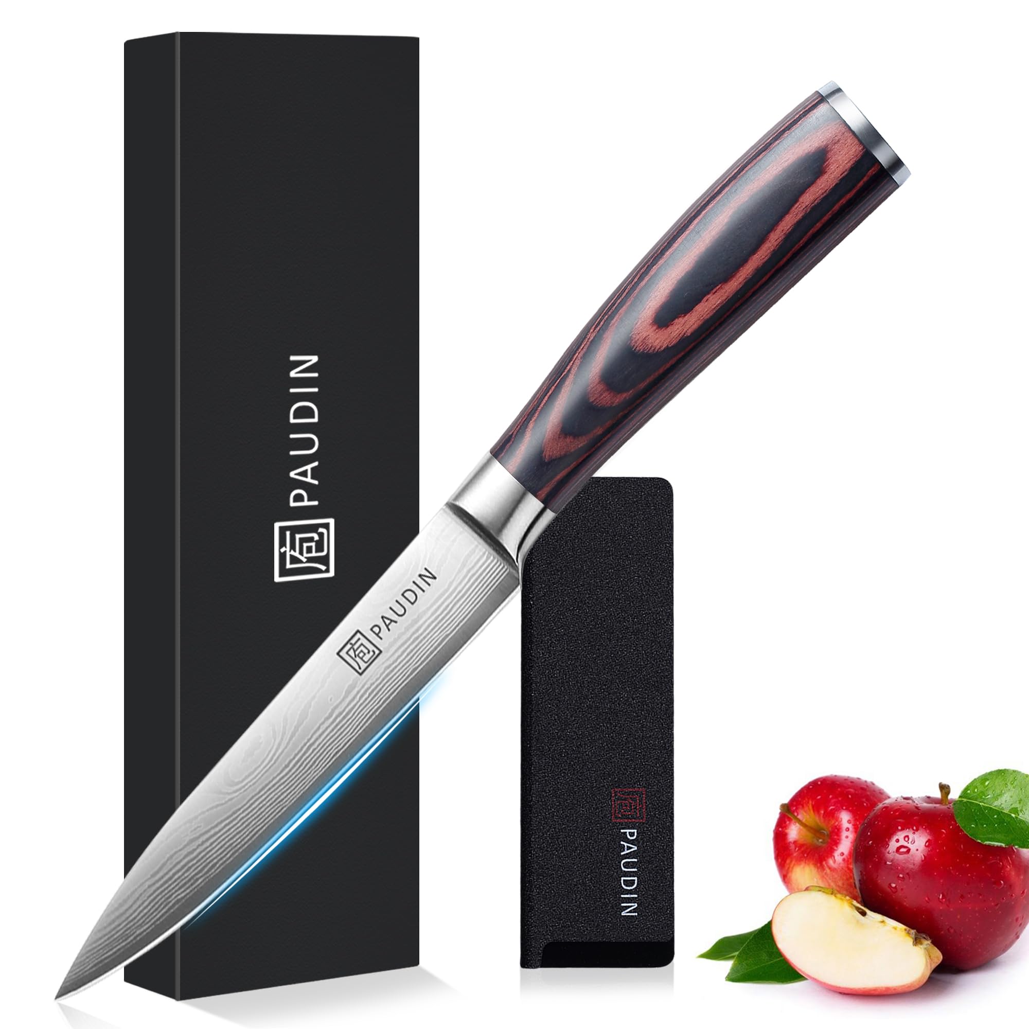 PAUDIN Utility Knife, Ultra Sharp Kitchen Knife 5 Inch, High Carbon German Stainless Steel Small Kitchen Knife with Wooden Handle, Small Knife Suitable for Home and Restaurant, Come with Gift Box