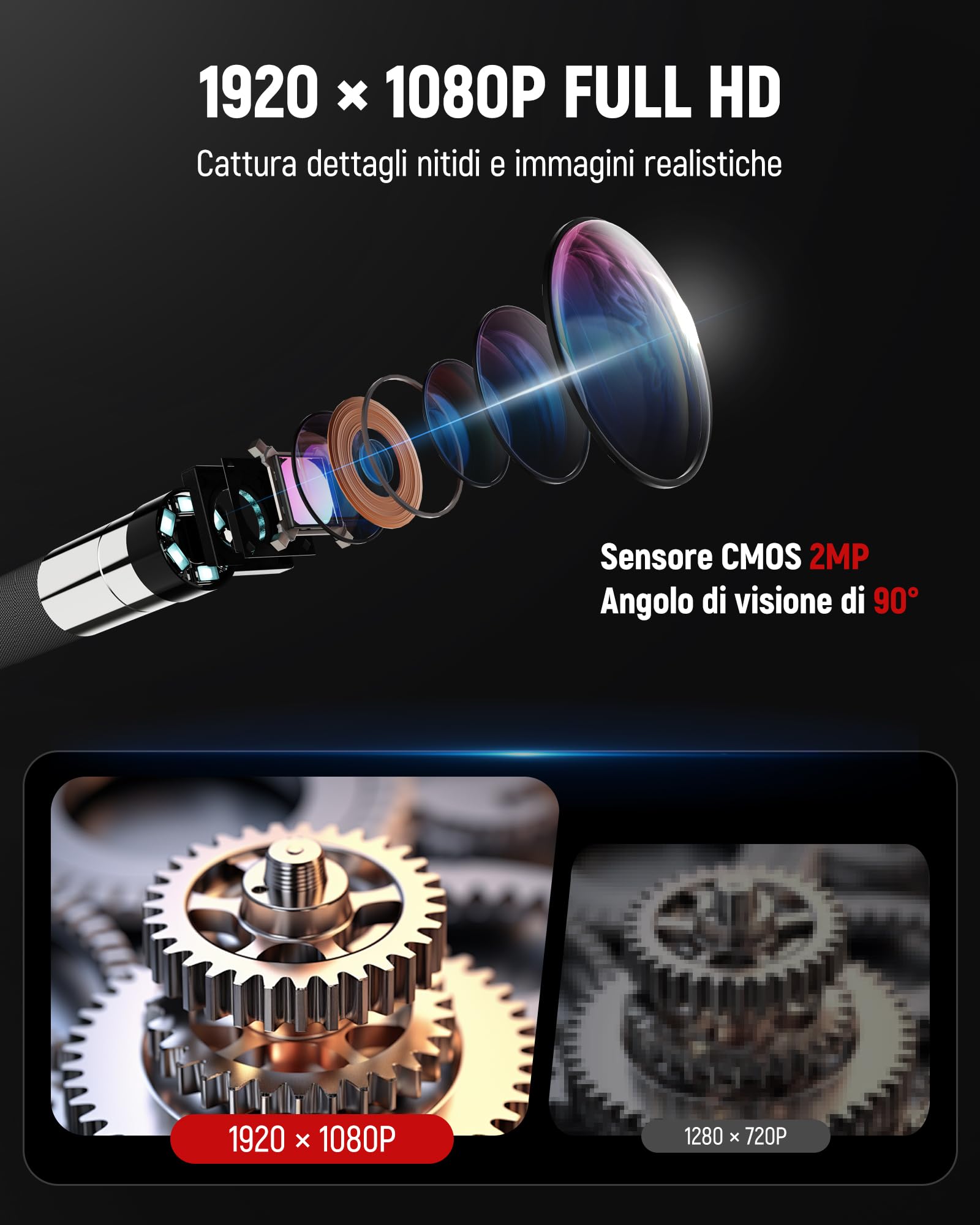 KAIWEETS Endoscopica con Luce, Telecamera 2-Vie Articolata 210° (6,5 mm) con Controllo a Rotella, Display IPS 1080P, Cavo Semirigido 1,6 m, IP67 Impermeabile, per Auto, Idraulica e Industria