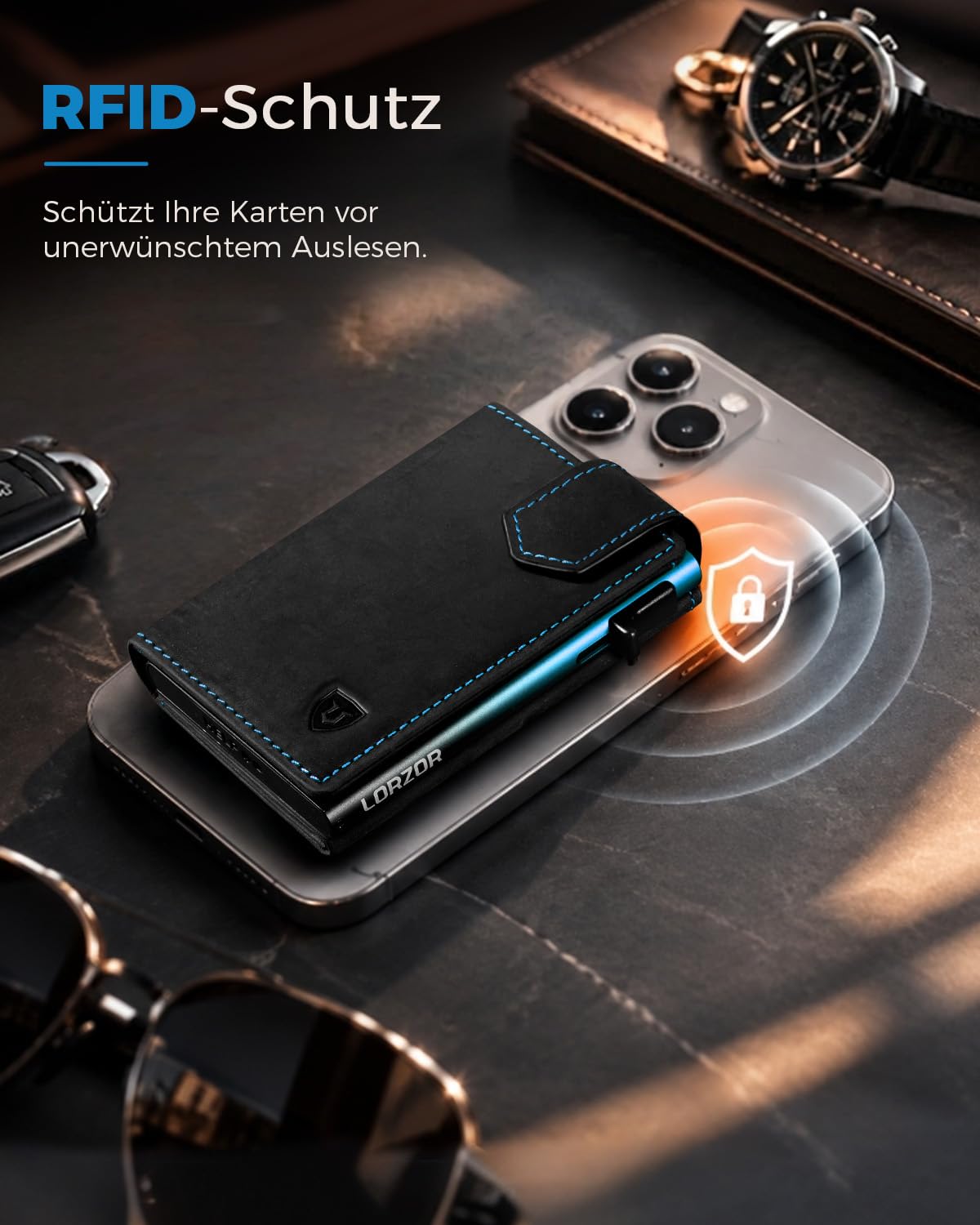 LORZOR Kartenetui mit Magnetischer Verschluss, Slim Wallet mit Münzfach, Geldbörse Herren RFID Schutz, Portmonee Herren Portemonnaie für 10 Karten, Smart Wallet, Geldbeutel (Blau-Schwarz)