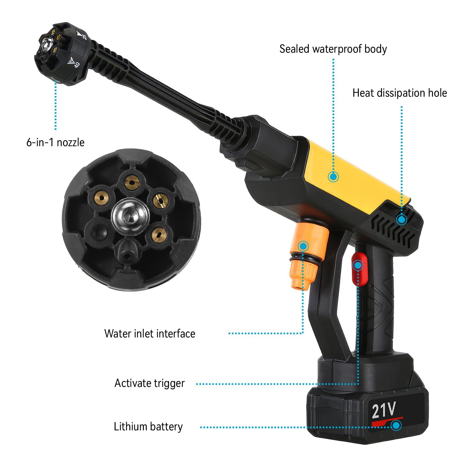 Limpiador de alta presión, pistola de alta presión inalámbrica de 21 V, 70 bar, con 1 batería, boquilla giratoria 6 en 1 y manguera de 5 m para lavado de coche y jardín (con batería y caja)