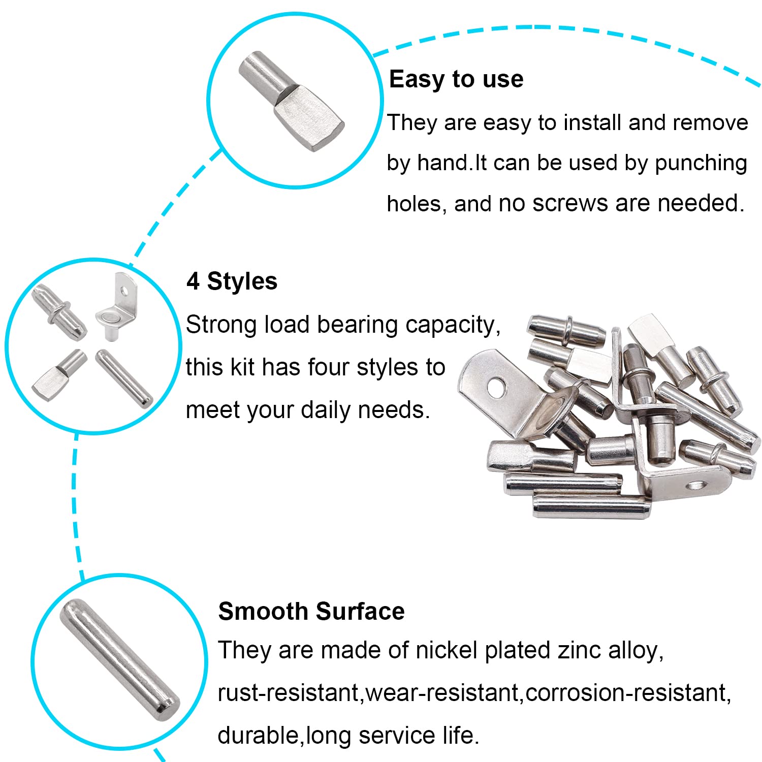 100PCS 4 Styles Shelf Pins Kit - Nickel Plated Shelf Bracket Pegs & Shelf Support Pins,Dowel Pin and Shelf Holders for Shelves Cabinet Furniture Closet etc — Amazon image 3