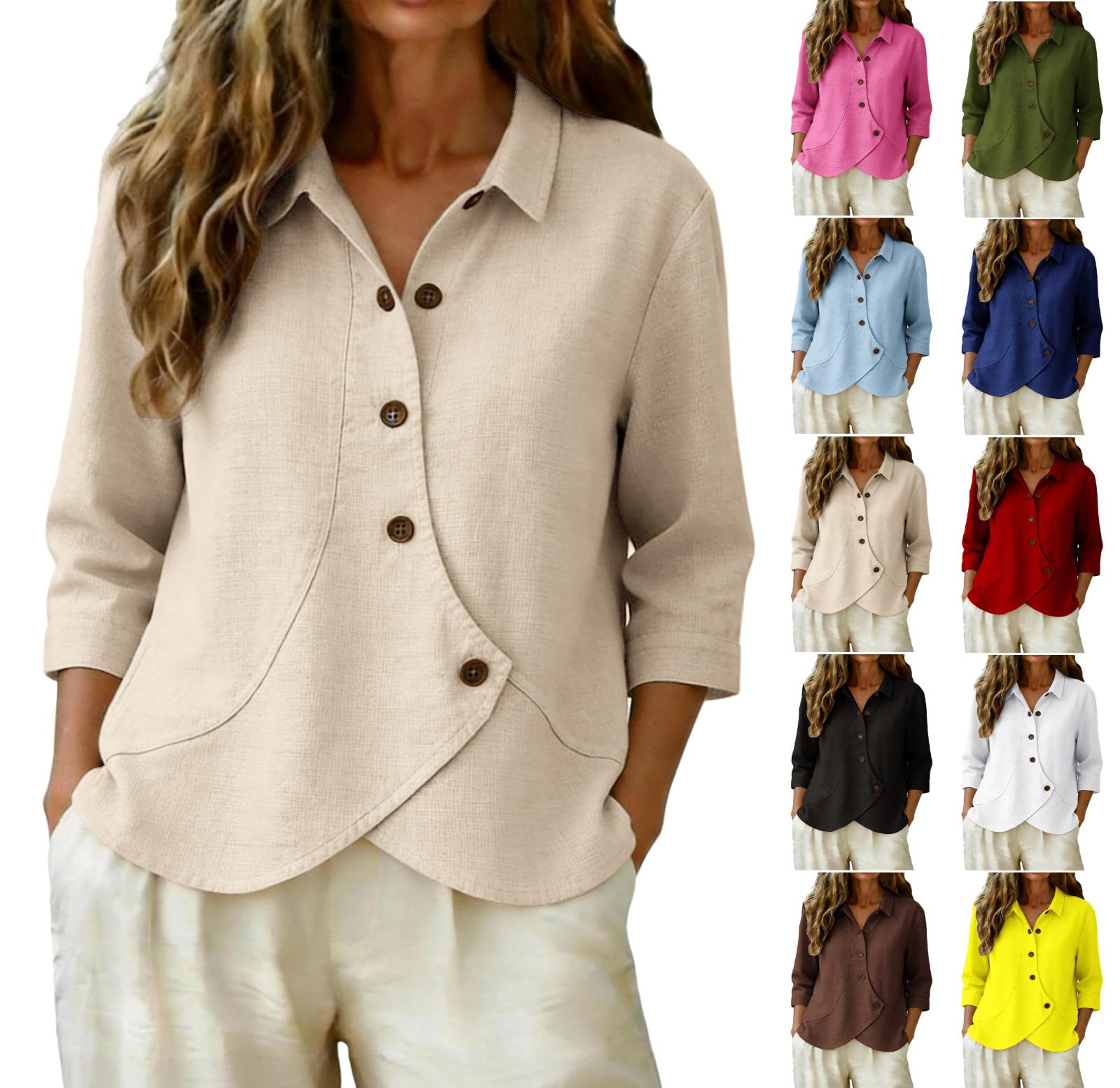 Camicetta da donna con maniche a 3/4, effetto lino, abbottonatura | Camicetta casual da donna con tasche, traspirante, per il tempo libero, l'ufficio, la primavera e l'autunno