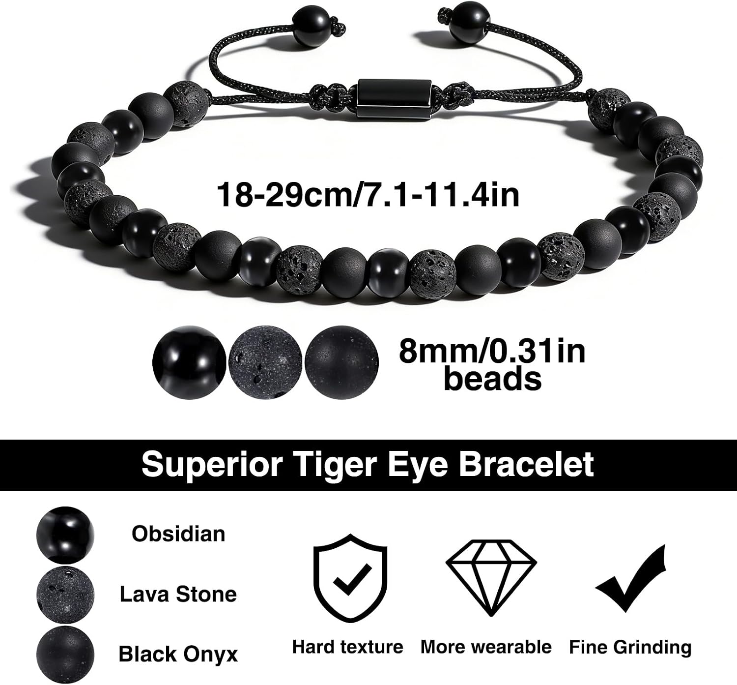 TIESOME Mens Beaded Bracelets, 8mm Natural Stone Black Onyx Obsidian Lava Rock Beads - Handmade Adjustable Black Healing Bracelet for Men