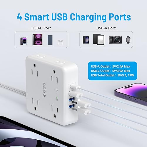 Miniatura 4 de TROND Regleta protectora de sobretensiones con USB, cable de extensión de enchufe plano ultrafino de 5 pies, 8 salidas de CA anchas, 3 USB A y 1 USB