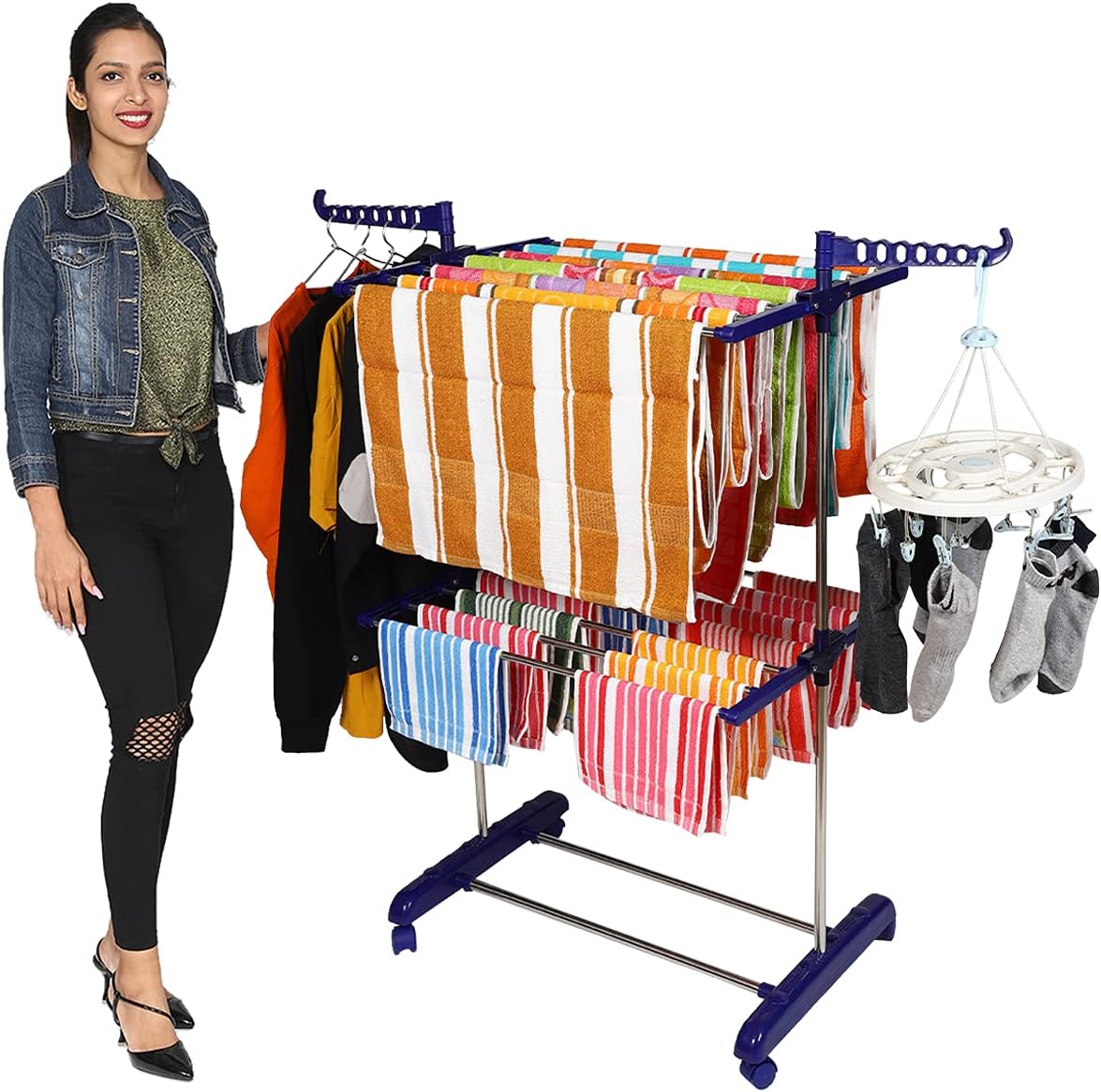 PAffyPremium Steel Double Supported 2 Layer Cloth Drying Stand, Foldable and Movable (White & Blue)