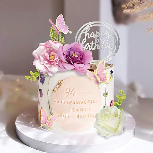 Miniatura 6 de 19 adornos para tartas de flores, decoraciones para tartas de mariposas con rosas artificiales rosadas, mariposas de eucalipto para niñas, fiesta de