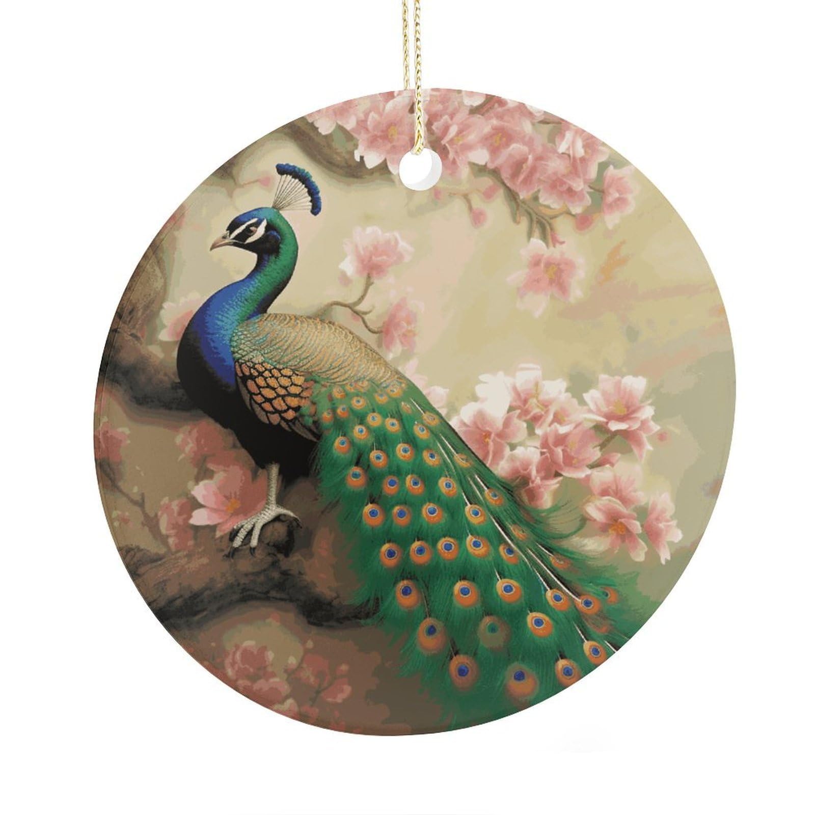 Fekiloot Style Oriental Peacock On Flower Tree Christmas Ornaments 2.9 Inch Round Ceramic Ornament Keepsake Thank You Gifts For Office, Room, Home - Holiday Present Ideas