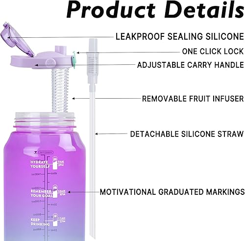 Vista 2 de Botella de agua deportiva de 64 onzas con infusor de frutas, botella de agua motivacional 2 en 1 con popote y marcador de tiempo, jarra de agua