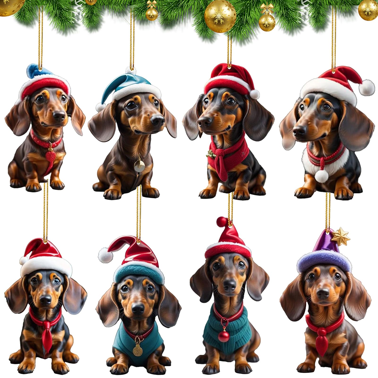 8 Piezas Adorno de Navidad de Perro Salchicha, Colgante de Perro Salchicha de Navidad, 2D Dachshund decoración navideña, Colgante De Acrílico para Perro, Adorno de árbol de Navidad