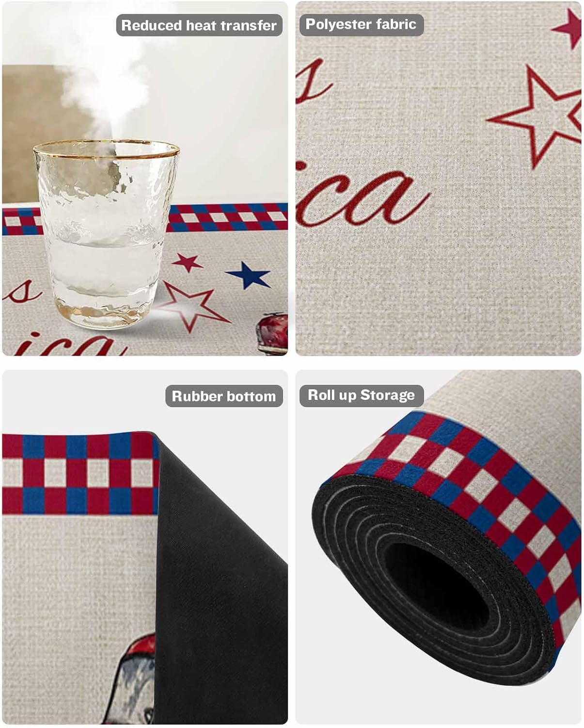 Independence Day Heat Insulation Trivet & Table Runner God Bless American Red Truck Flowers Linen Hot Dishes Mat Table Protector Hot Pots Pans Pads Waterproof Placemats for Countertops 48x12 Inch