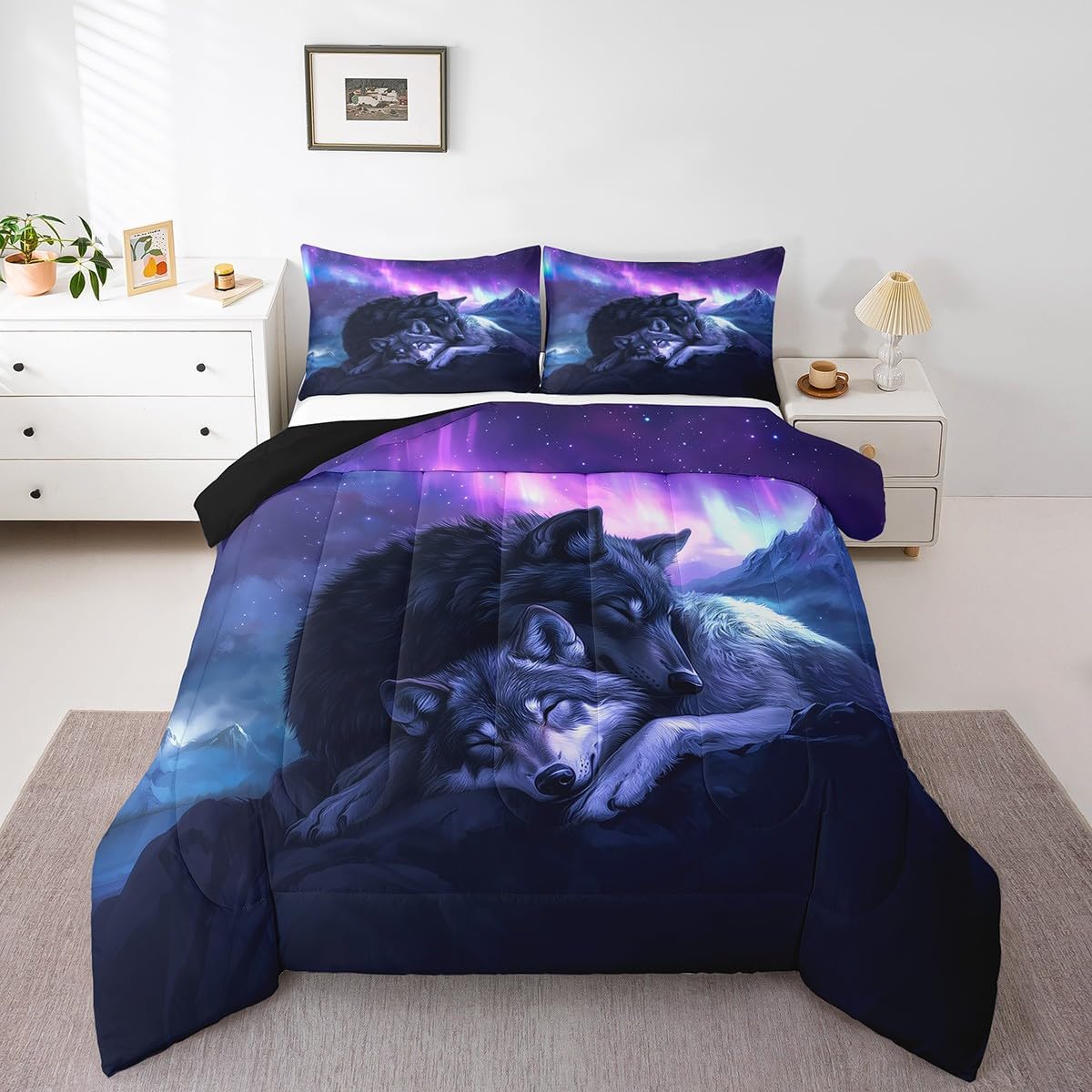 Castle Fairy Wolf Animal Bedding Set Toddler Size Sleeping Wildlife Wolves Comforter Set for Girls Boys Room Decor Ombre Purple Aurora Down Comforter Western Rustic Quilt Set with 1 Pillowcase