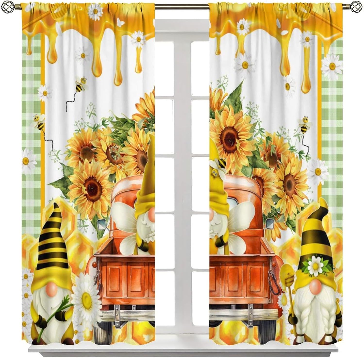Sunflower Blackout Curtains,Vintage Rustic Nature Sunflowers Gnomes Trucks Bees Flowers Farmhouse Window Treatments Rod Pocket Drapes for Girls Living Room Bedroom Kitchen 63x63in