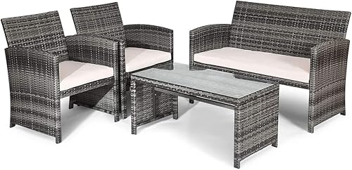 Goplus Juego de muebles de ratán para patio, 4 piezas, sofá y mesa de mimbre para exteriores con cojines suaves y mesa de centro de vidrio templado