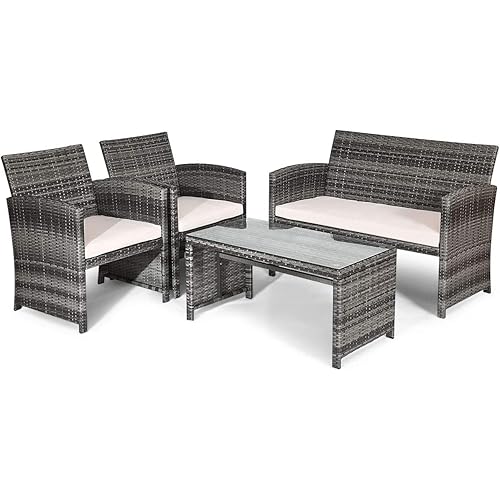 Goplus Rattan Patio Furniture Set 4 Pieces, Outdoor Wicker Conversation Sofa and Table Set with Soft Cushions & Tempered Glass Coffee Table for Balcony Garden Backyard (Beige(Mixed Color Wicker))