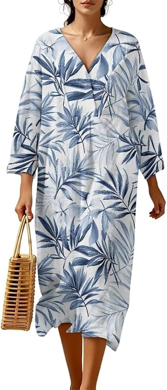 Wanyint Summer Dress 3/4 Sleeve Wrap V-Neck Womens Boho Midi Tunic Shift Dress, Linen Look Loose Fit Everyday Wear, S-4XL