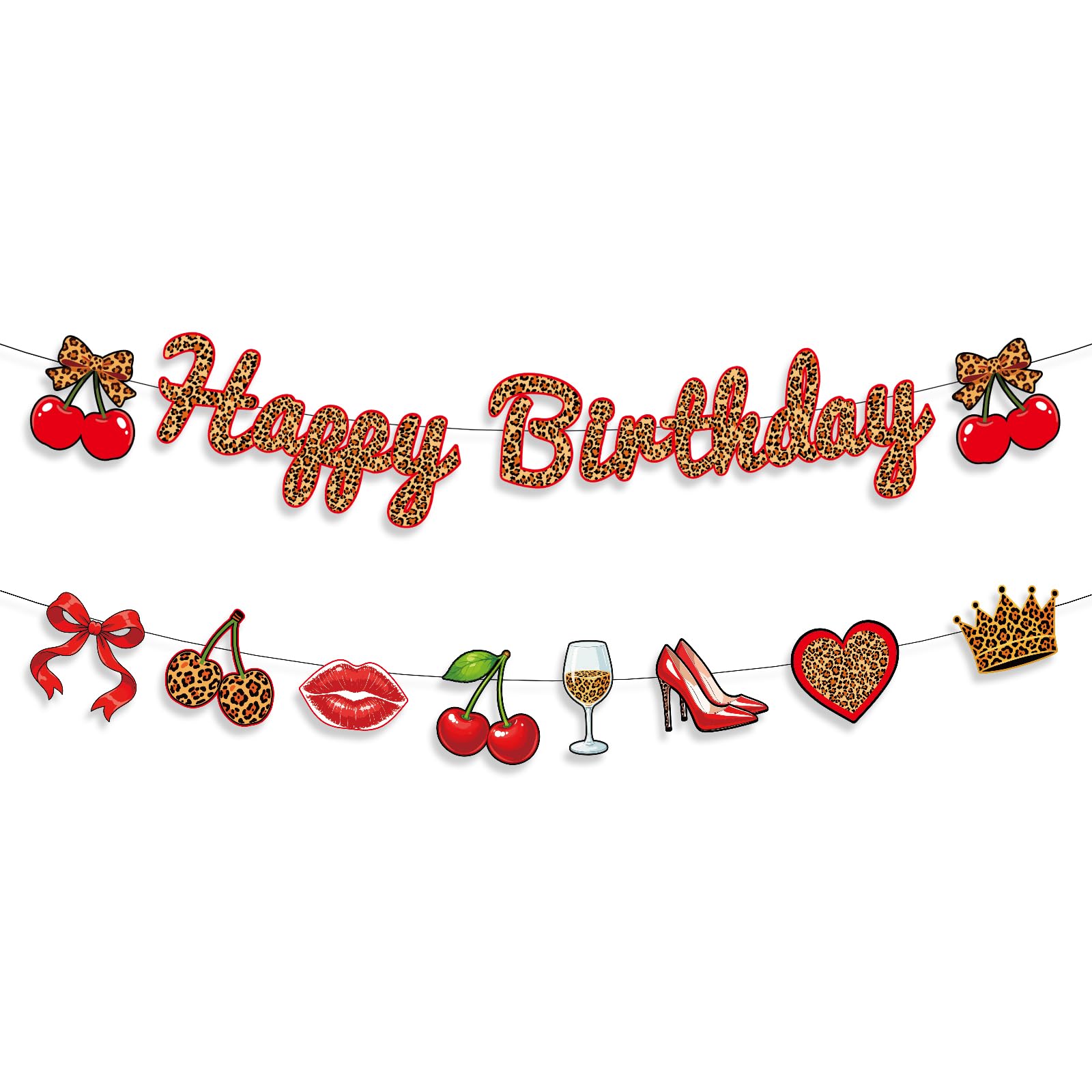 Leopard Print Happy Birthday Banner, Pre-Strung Happy Birthday Banner with Cherry Bowknot Wild Themed Party Decorations for Women