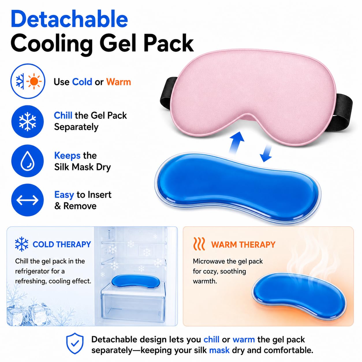 Silk Sleep Mask with Cooling Gel, Pure Mulberry Silk Night Eye Mask for Sleeping, Adjustable Strap, Superior Light Blocking, Includes Removable Ice Pack & Earplugs Pink