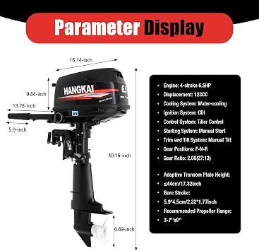 6.5HP 4 Stroke Hangkai Outboard Motor 123CC Aluminum Heavy Duty Boat Motor with Water Cooling System Fishing Boat Engine with Fuel Tank (4 stroke 6.5HP Motor+tank) black