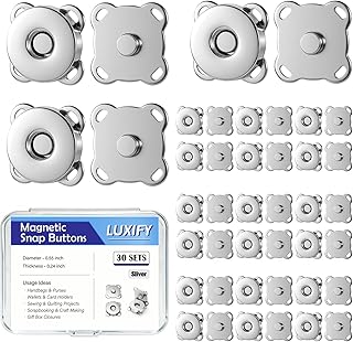 30 Sets Magnetic Snap Buttons, 0.55 Inch 14mm Strong Fasteners for Purses, Bags, Clothing, Sewing DIY Crafts, Zinc Alloy Invisible Clasps (Silver)