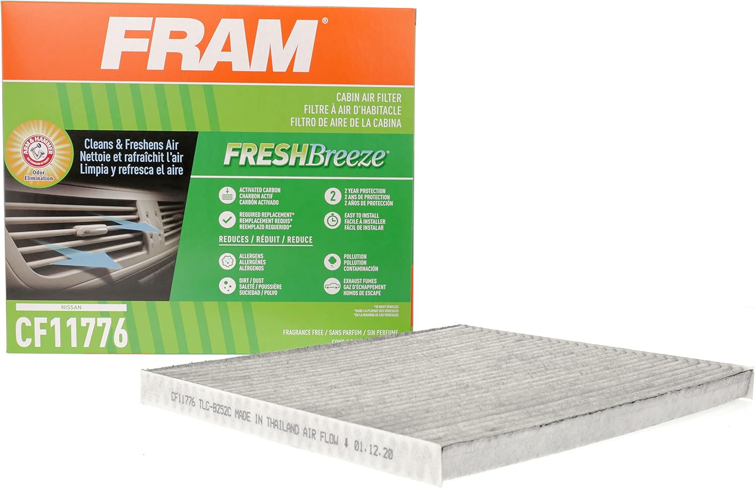 FRAM Fresh Breeze Cabin Air Filter Replacement for Car Passenger Compartment w/ Arm and Hammer Baking Soda, Easy Install, CF11776 for Select Infiniti and Nissan Vehicles