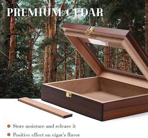 Miniatura 8 de Bald Eagle Humidor de puros, caja superior de vidrio con higrómetro humidificador, caja de madera de cedro de escritorio hecha a mano con capacidad