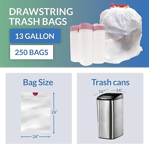 Miniatura 5 de Reli. Bolsas de basura con cordón, cocina alta, 250 unidades a granel, blancas, 13 galones - capacidad de 16 galones