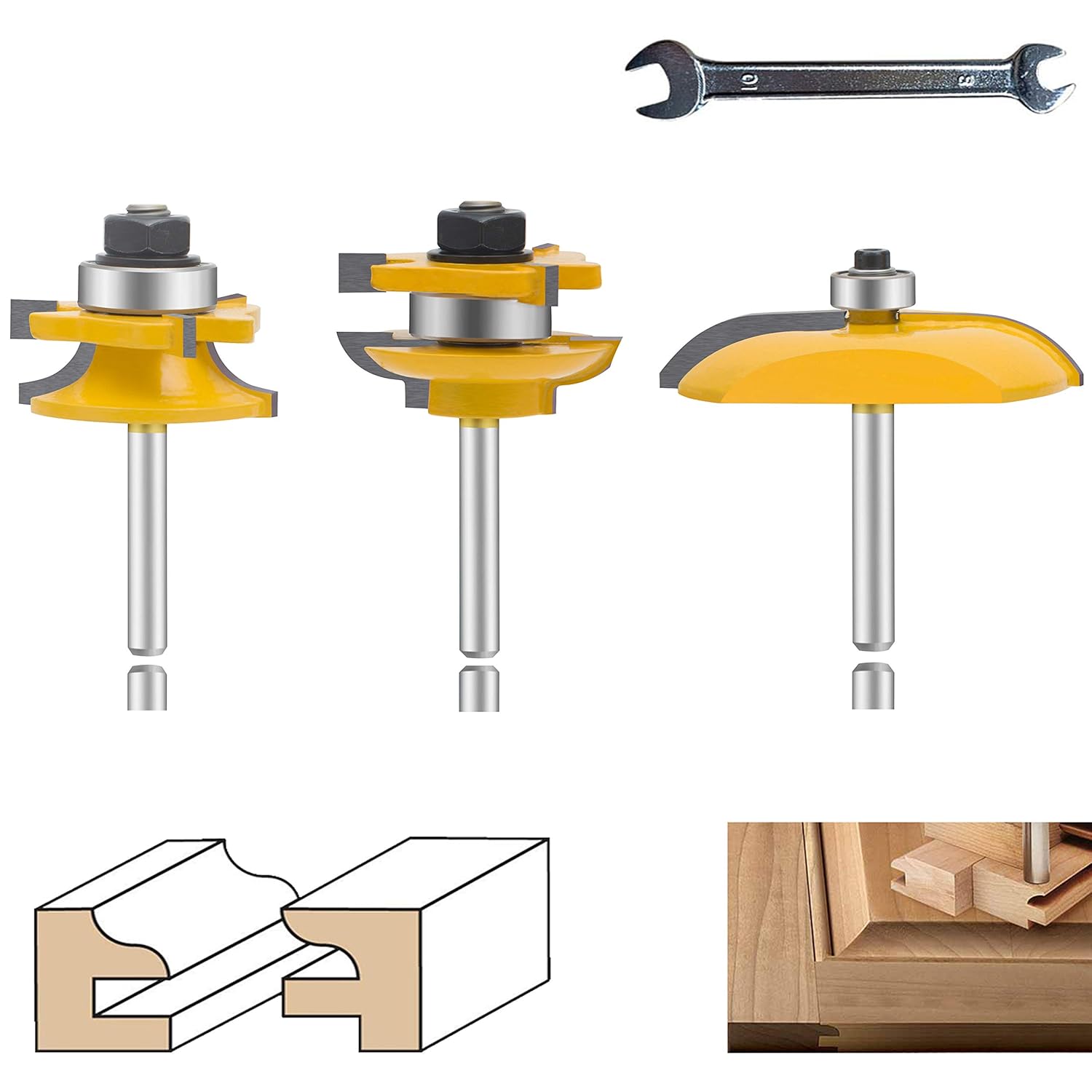 LEATBUY 1/4-Inch Shank Raised Panel Router Bit Set 3 PCS, Round Over Cabinet Door Rail and Stile Router Bits, Woodworking Wood Cutter, Wood Carbide Groove Tongue Milling Tool(TN-S5)