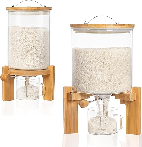 Miniatura 11 de HBlife Dispensador de arroz de vidrio de 5 a 7 libras con soporte de madera, contenedor de harina y cereales con taza medidora de vidrio, despensa,
