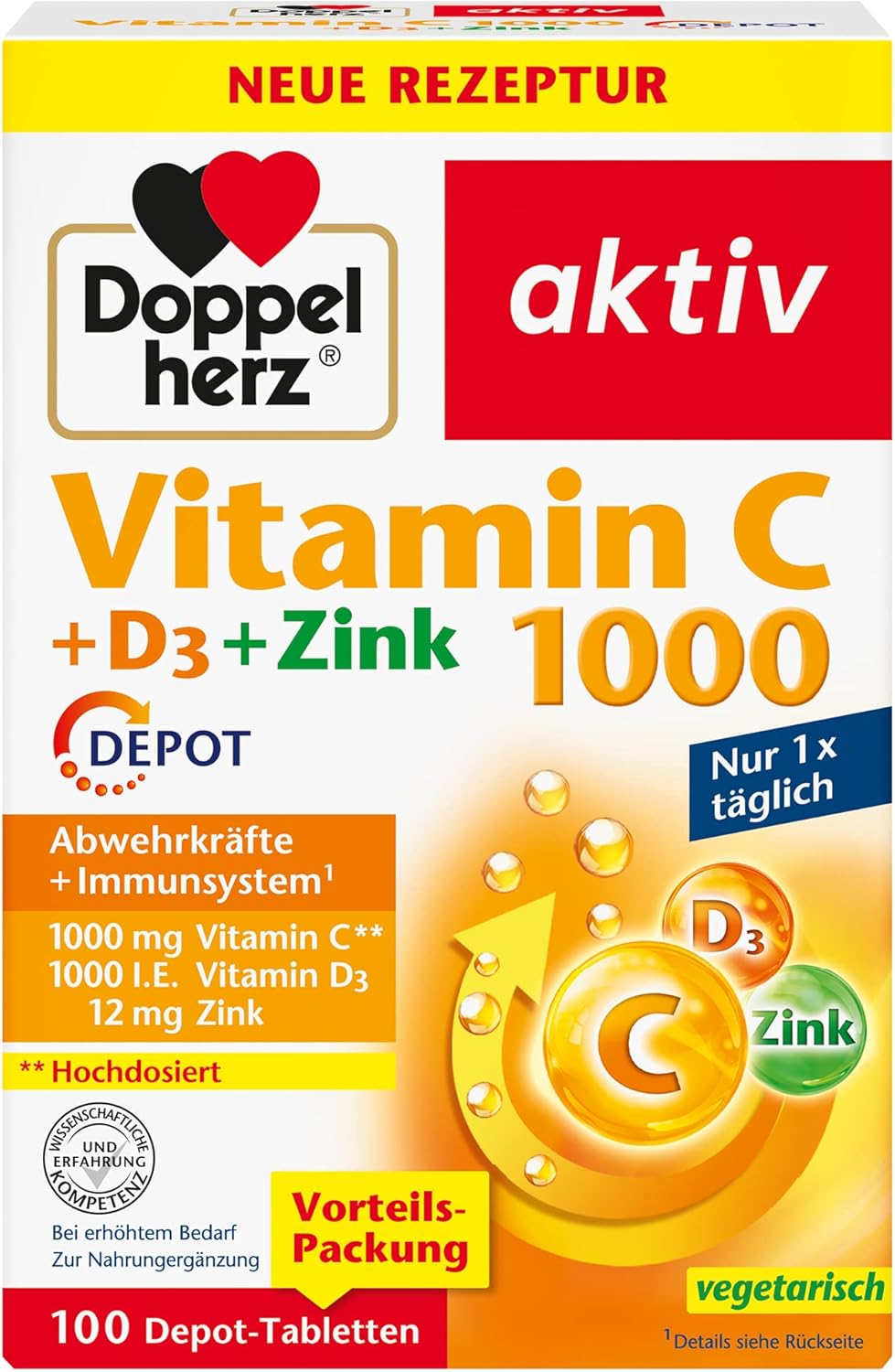 Doppelherz Vitamin C 1000 + D3 + Zink Hochdosiert mit Vitamin C und
