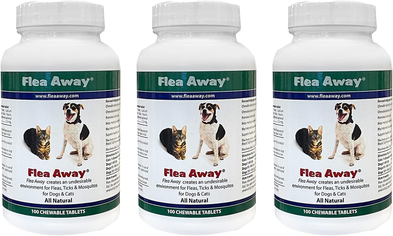 Flea Away All Natural Supplement for Fleas, Ticks, and Mosquitos Prevention for Dogs and Cats, 100 Chewable Tablets, 3 Pack