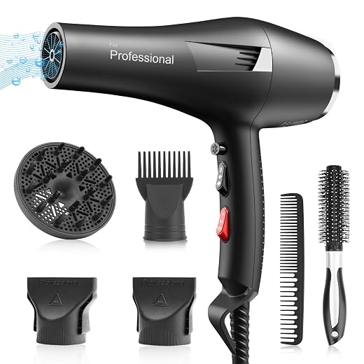 Ionic Salon Hair Dryer, Professional Blow Dryer 2200W AC Motor Fast Drying with 2 Speed, 3 Heat Setting, Cool Button, with Diffuser, Nozzle, Concentrator Comb for Curly and Straight Hair