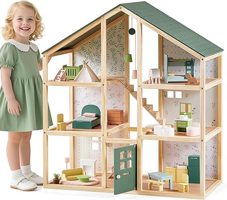 Tiny Land Wooden Dollhouse for Girls - 6 Rooms Wooden Doll House, DIY Pretend Doll House with 31Pcs Furniture Accessories, Creative Gift for Girl Ages 3+, Green