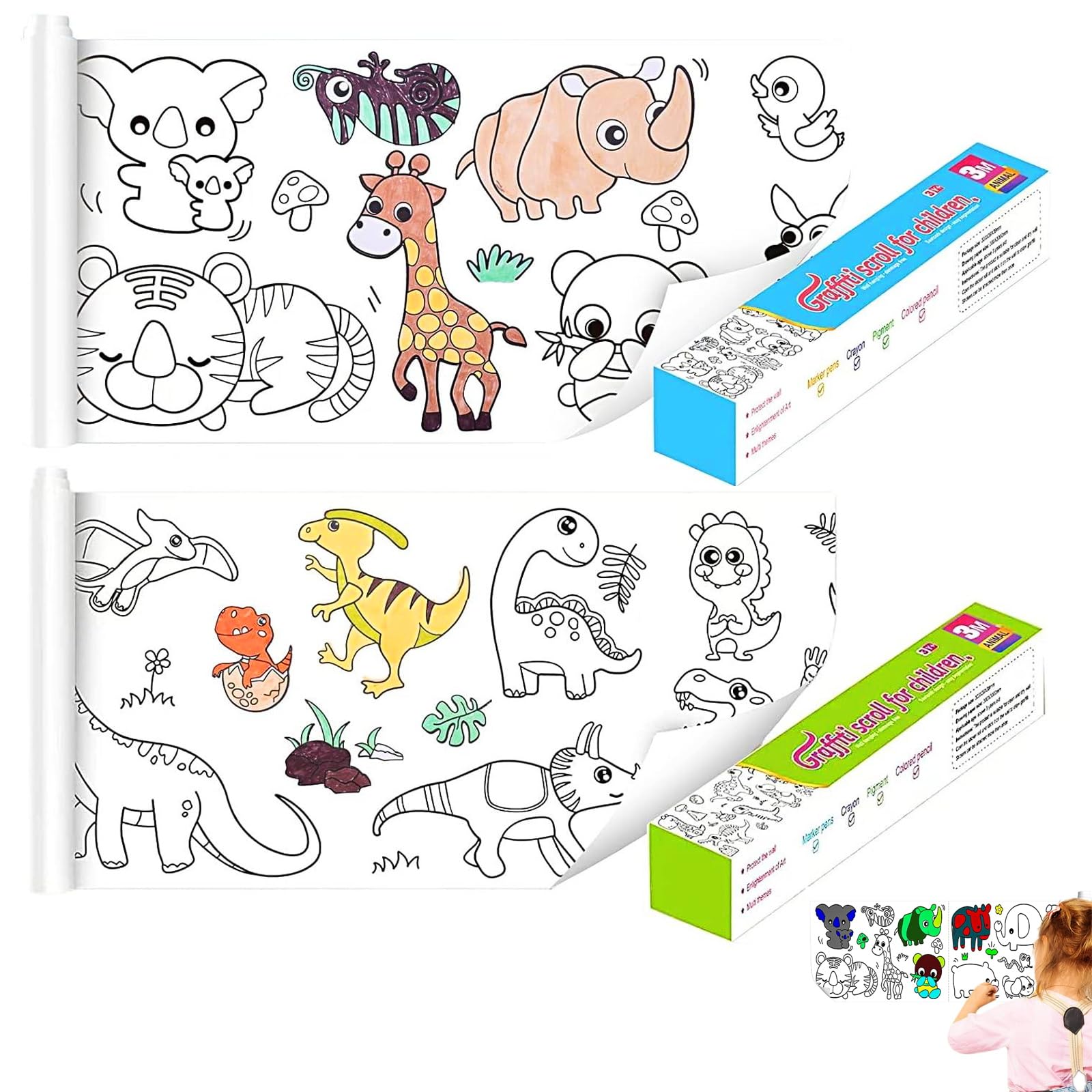 XIATIAN 2 Rollos rollo papel pintar niños, Rollo de Dibujo para Niños Animales Dinosaurios, Rollo de Papel para Colorear para Niños para Dibujar Colorear de Pintura Educativos Tempranos 30 * 300 cm