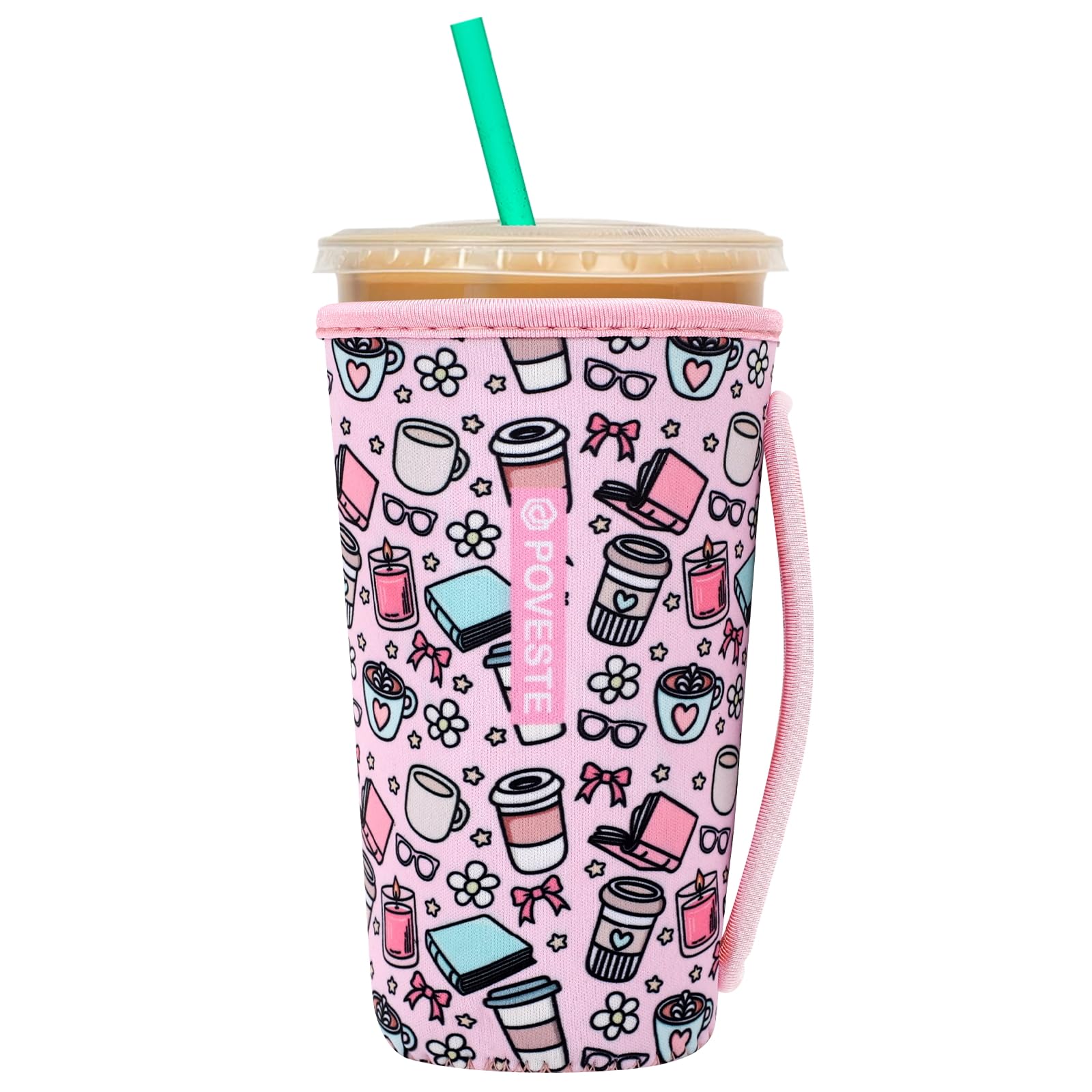 Reusable Neoprene Insulator Sleeve for Iced Coffee &amp; Cold Soda, Coffee Sleeves for Iced &amp; Hot Drinks, Cold Beverage Cooler Compatible with Starbucks, Dunkin (Coffee Break, Large: 32oz)