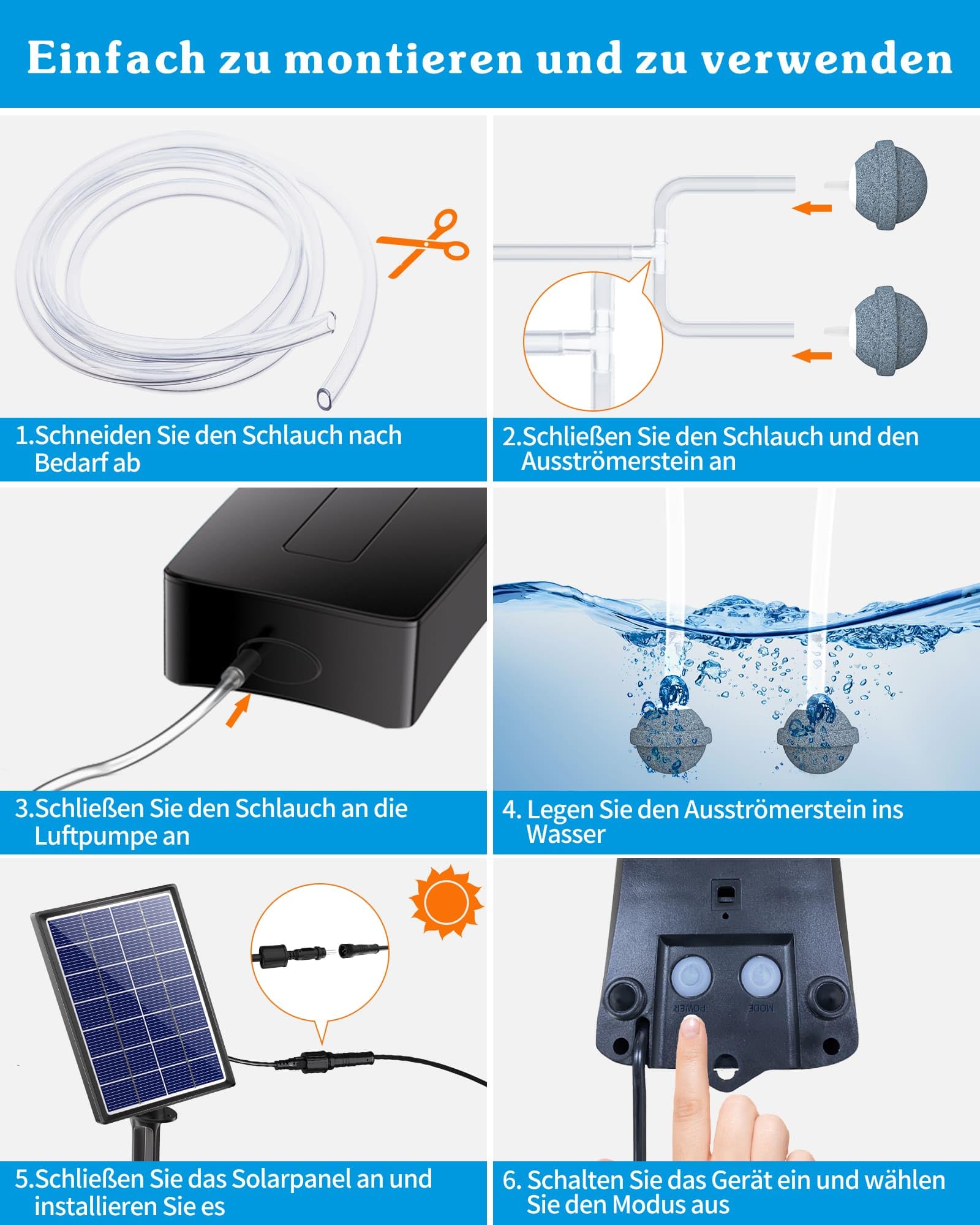Biling Bomba De Aire Solar para Jardín, 3.5W Aireador Solar para Estanque Exterior con Aireador De 2200mAh Batería, Air Pump Solar para Acuario Oxigenadora para Estanques de Jardín, Peceras, Pesca