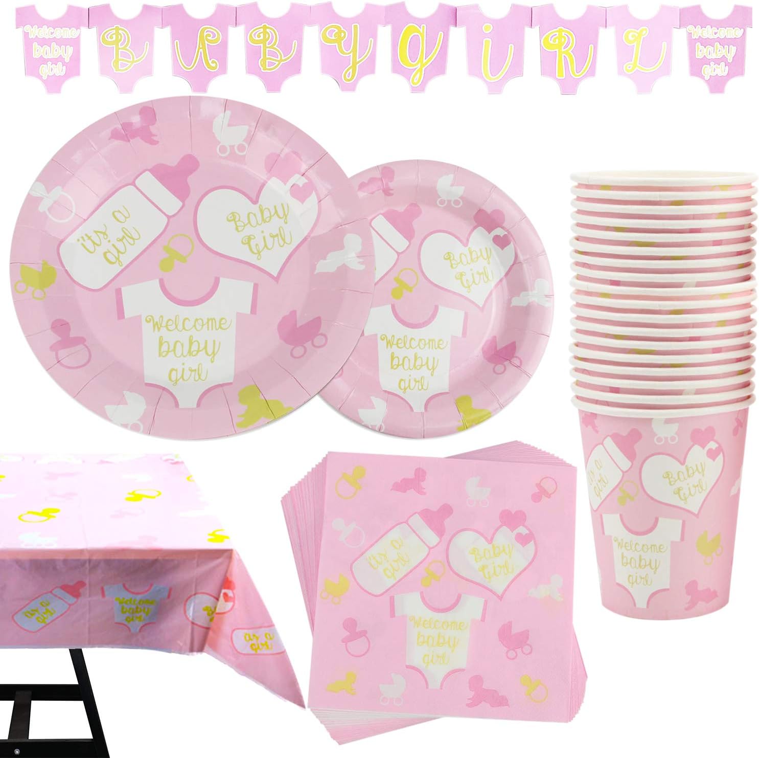 82 Piece Girl Baby Shower Party Set Including Banner, Plates, Cups, Napkins, Tablecloth, Serves 20
