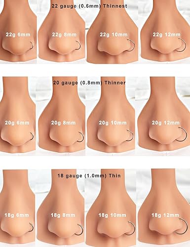 Miniatura 6 de Juego de 4 aretes de aro pequeños de 22 G, 20 G, 18 G, 0.236-0.472 in, oro, plata, oro rosa, negro, azul, arco iris, para cartílago, nariz, tragus,